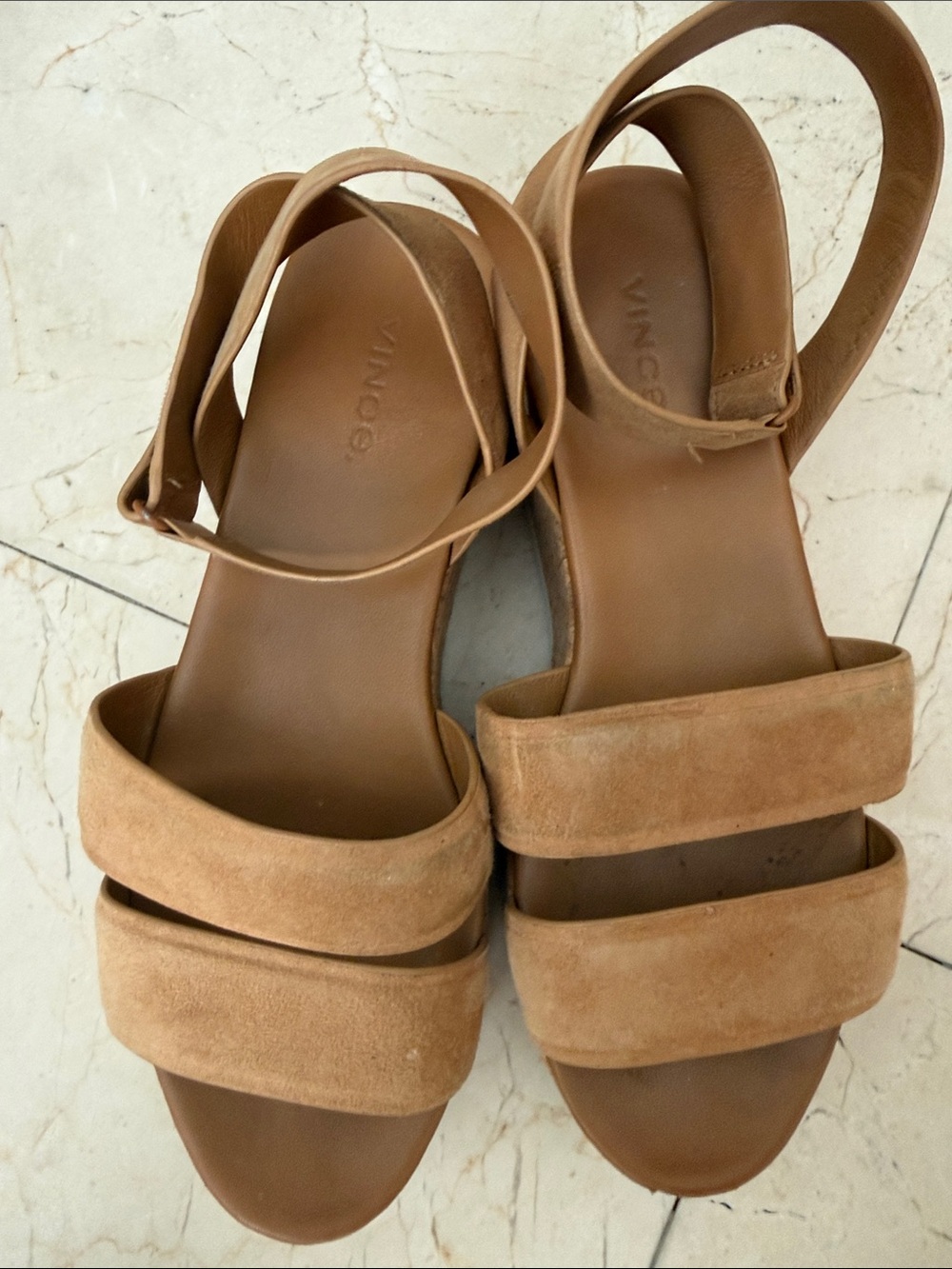 Vince Tan Suede Double-Band Ankle Strap Sandals